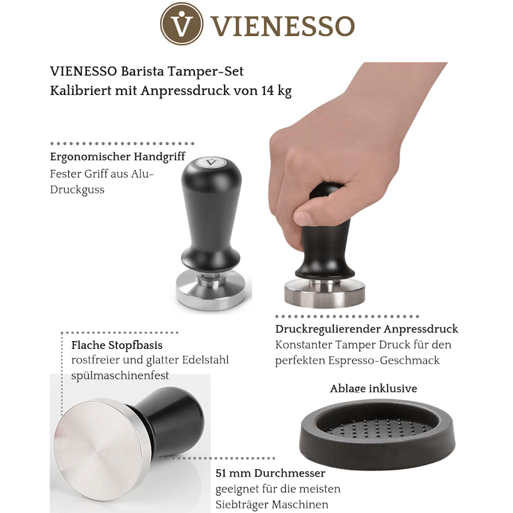 Juego de tamper regulador de presión con una presión de contacto de aproximadamente 14 kg gracias al resorte integrado