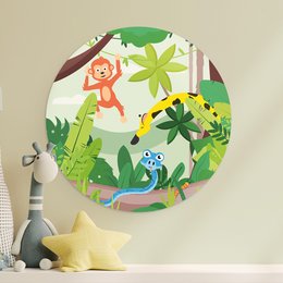 Colorful round wall painting featuring a jungle-themed design with a monkey, leaves, and other playful elements. Suitable for children's room decor.
