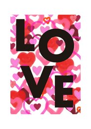 A vibrant, heart-themed greeting card with the word "LOVE" prominently displayed in a bold, stylized font against a background of pink and red hearts.