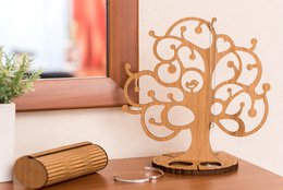  Wood oak tree jewelry holder with leaf branches, natural brown wooden stand, decorative organizer