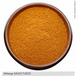  Fuego sauce - spices and flavoring mixture - eco recharge
colors: orange, brown
materials: spices
style: powdered
shape: round
description: This is a round container of an orange-brown powdered spice and flavoring mixture. The product is labeled as "Fuego sauce" and is described as a spices and flavoring mixture in an eco-friendly recharge packaging.