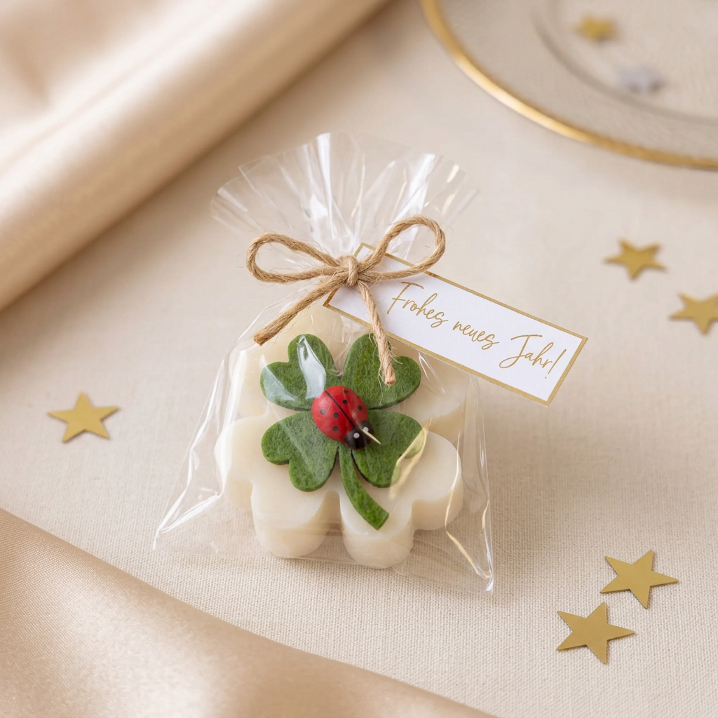 Silvester Glücksbringer Seife „Frohes neues Jahr“ – Kleeblatt | Gastgeschenk & Mitarbeitergeschenk 