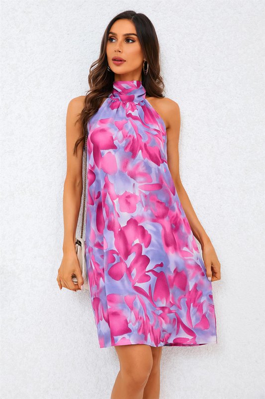 Abstracto estampado floral halter cuello corbata mini vestido en rosa