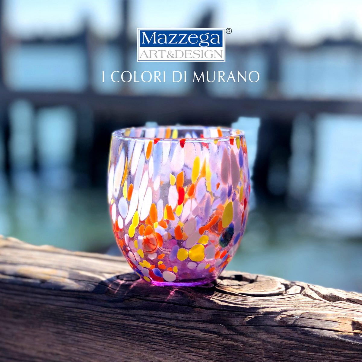 Klassieke waterglazen van handgeblazen en handgemaakt glas met Murano Murrine, lijn “I Colori di Murano”, 320 ml. Gemaakt in Italië