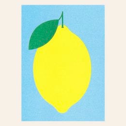 A bright yellow lemon with a green leaf against a light blue background. This postcard features a simple, minimalist design that would be suitable for a variety of uses, such as greeting cards, invitations, or home decor.