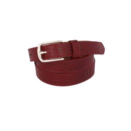 A red leather belt with a cocco opaco (matte crocodile) texture, available in sizes 75, 80, 85, 90, 95, 100, and 105. The belt features a silver-tone buckle closure.