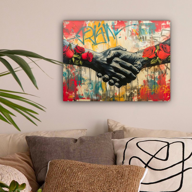 Canvas schilderij - Wanddecoratie Graffiti - Rozen - Handen - Street art - Muurdecoratie woonkamer - Slaapkamer decoratie - Kamer accessoires - Schilderijen op canvas