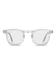 Clear, rectangular blue light blocking glasses with transparent frames.