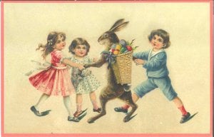Karte (einzeln) Kinder tanzen mit Osterhasen