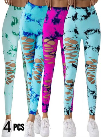 4er-Pack Yoga-Hosen im neuen Stil mit ausgehöhltem Batikmuster und hohem Bund für Bauchkontrolle