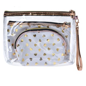 Kulturbeutel Damen 3er-Set 23x17 / 20x13 / 18x12 cm Weißgoldfarbene Polyester-Herzen