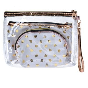 Kulturbeutel Damen 3er-Set 23x17 / 20x13 / 18x12 cm Weißgoldfarbene Polyester-Herzen