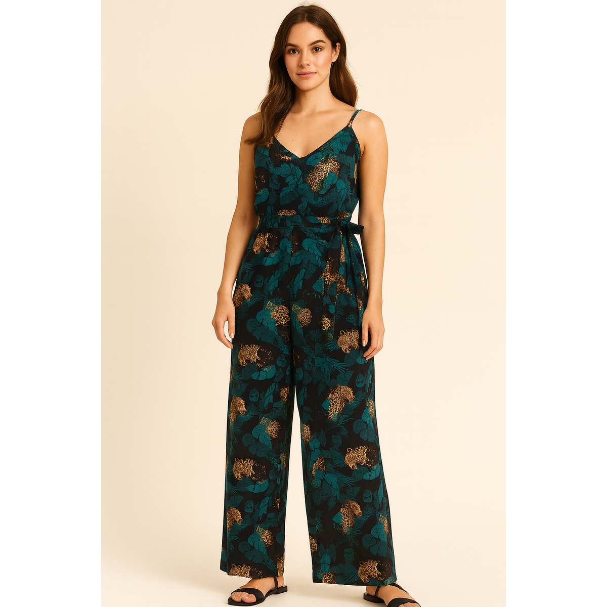 EU STOCK Brigitte Brown Cheetah & Palm Leaves Print Strappy Jumpsuit