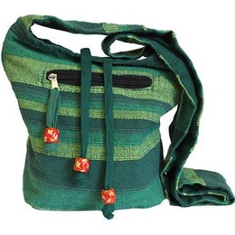 A forest green cross-body bag with a striped pattern and decorative buttons. The bag features multiple zippered compartments and an adjustable strap for comfortable wear.