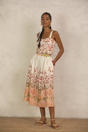  Midi skirt floral print spring garden pattern coral pink cream A-line midi length women's