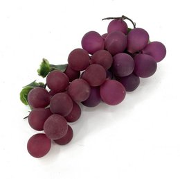 Purple round grapes bunch, artificial fruit, dark magenta spheres, green stem leaves, realistic produce decoration.