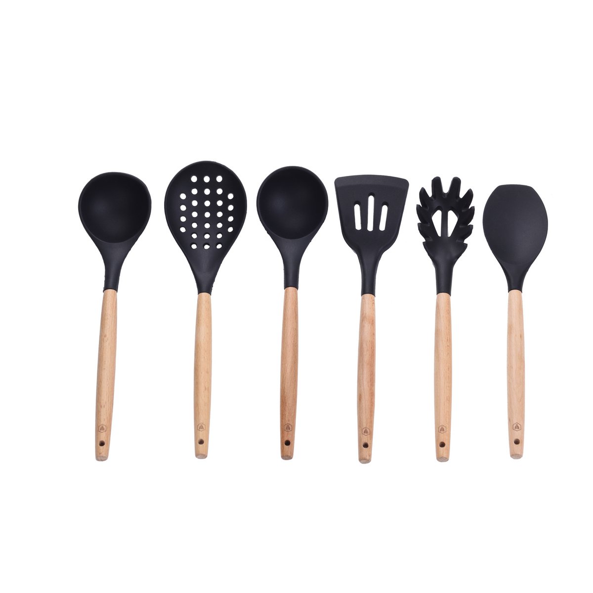 LAGUIOLE Kitchen Utensil 5 Pieces: Skimmer, Ladle, Spatula, Basting Brush, Spaghetti Spoon, Frying, Sauce, Non-Stick, Black - Silicone - Light Wood