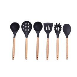 LAGUIOLE Kitchen Utensil 5 Pieces: Skimmer, Ladle, Spatula, Basting Brush, Spaghetti Spoon, Frying, Sauce, Non-Stick, Black - Silicone - Light Wood