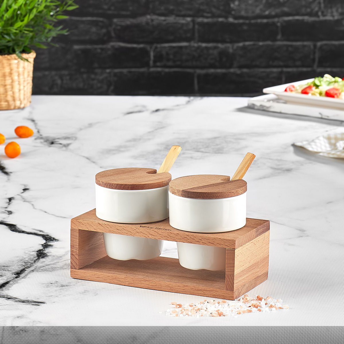 Joy Kitchen spice bowls on wooden floating plateau - set of 2