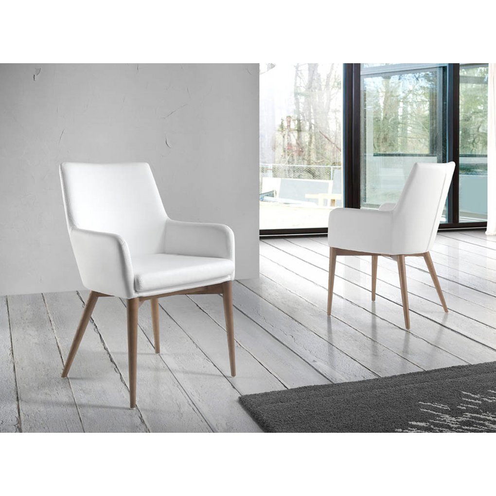 Stoel bekleed met kunstleer met walnootkleurige houten structuur