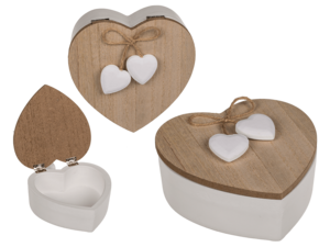 White heart shaped wooden box with wooden
