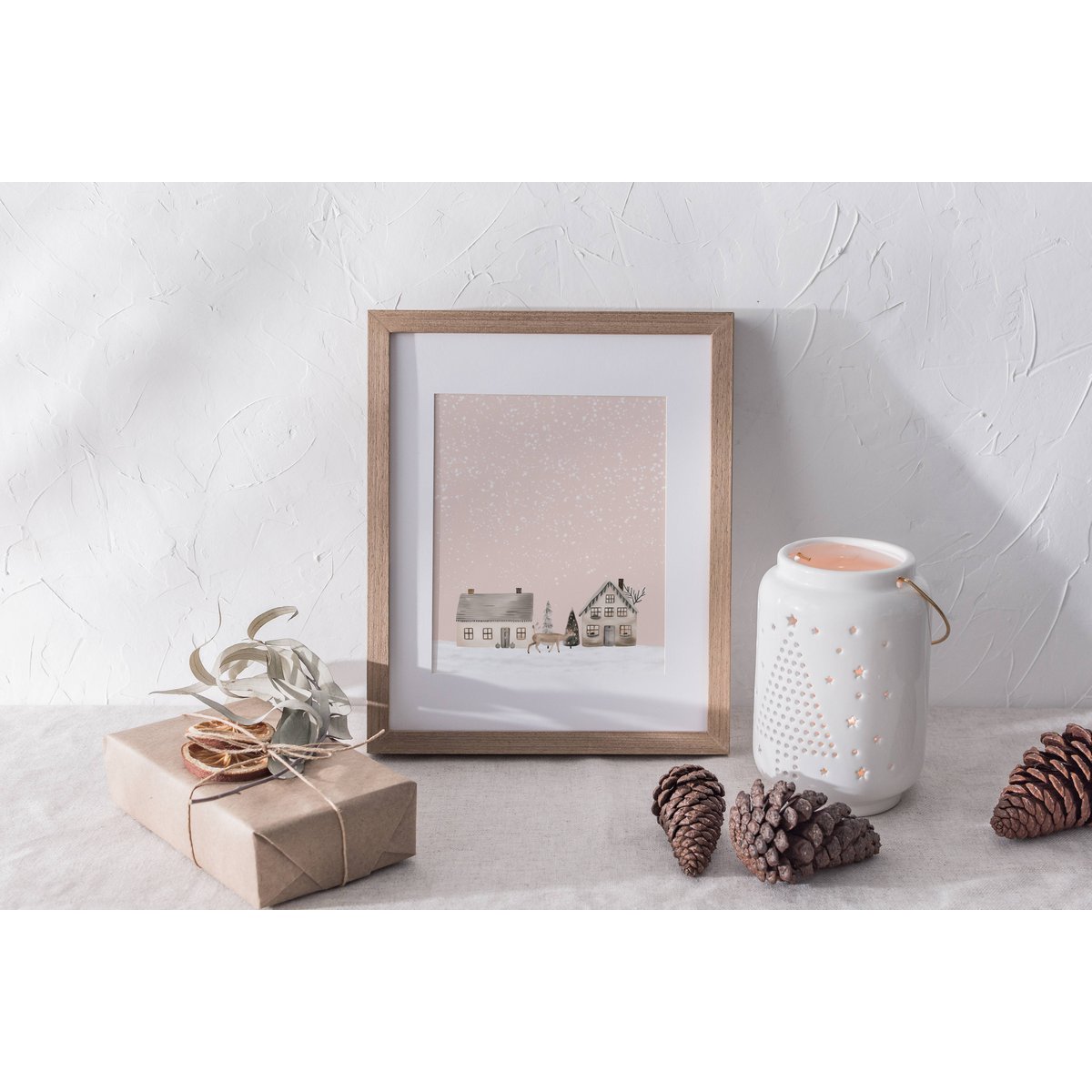 Scandinavian houses poster, winter landscape poster, Christmas poster, pink Christmas poster, Santa poster, Christmas print, Pink Christmas