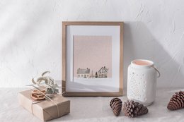 Scandinavian houses poster, winter landscape poster, Christmas poster, pink Christmas poster, Santa poster, Christmas print, Pink Christmas