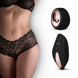 Black lace boyshort panties with vibrating feature for intimate pleasure.