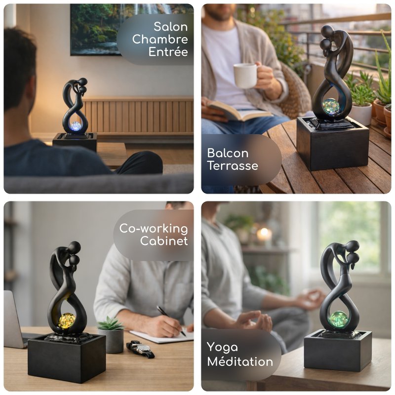 Indendørs springvand - Amor Sort - Moderne med farverigt LED-lys - Aftagelig Lovers Skulptur - Moderne interiørdekoration - Roterende bold