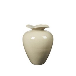 Beige ceramic vase with rounded bulbous shape, glossy finish, decorative lid, large tall vessel