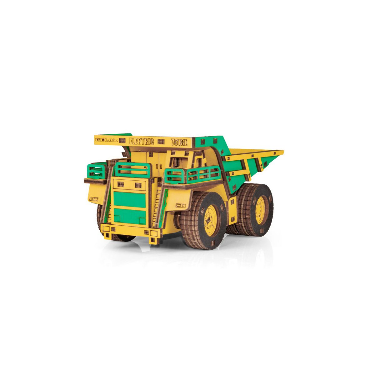 Eco Wood Art (EWA) 3D-Puzzle aus mechanischem Holz, Bergbau-Muldenkipper Belaz-7513E, 4219, Farbe Gelb und Grün, 17 x 10 x 9 cm
