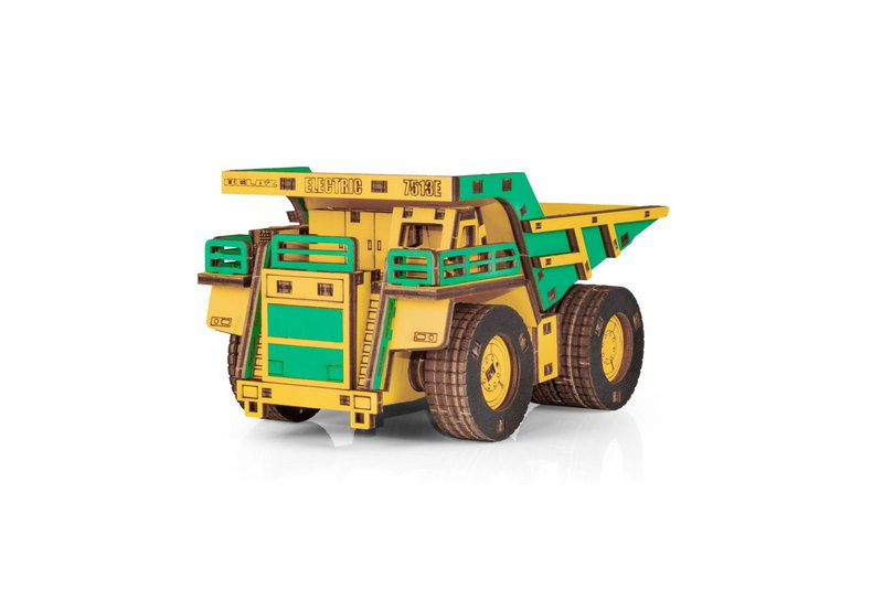 Eco Wood Art (EWA) 3D-Puzzle aus mechanischem Holz, Bergbau-Muldenkipper Belaz-7513E, 4219, Farbe Gelb und Grün, 17 x 10 x 9 cm