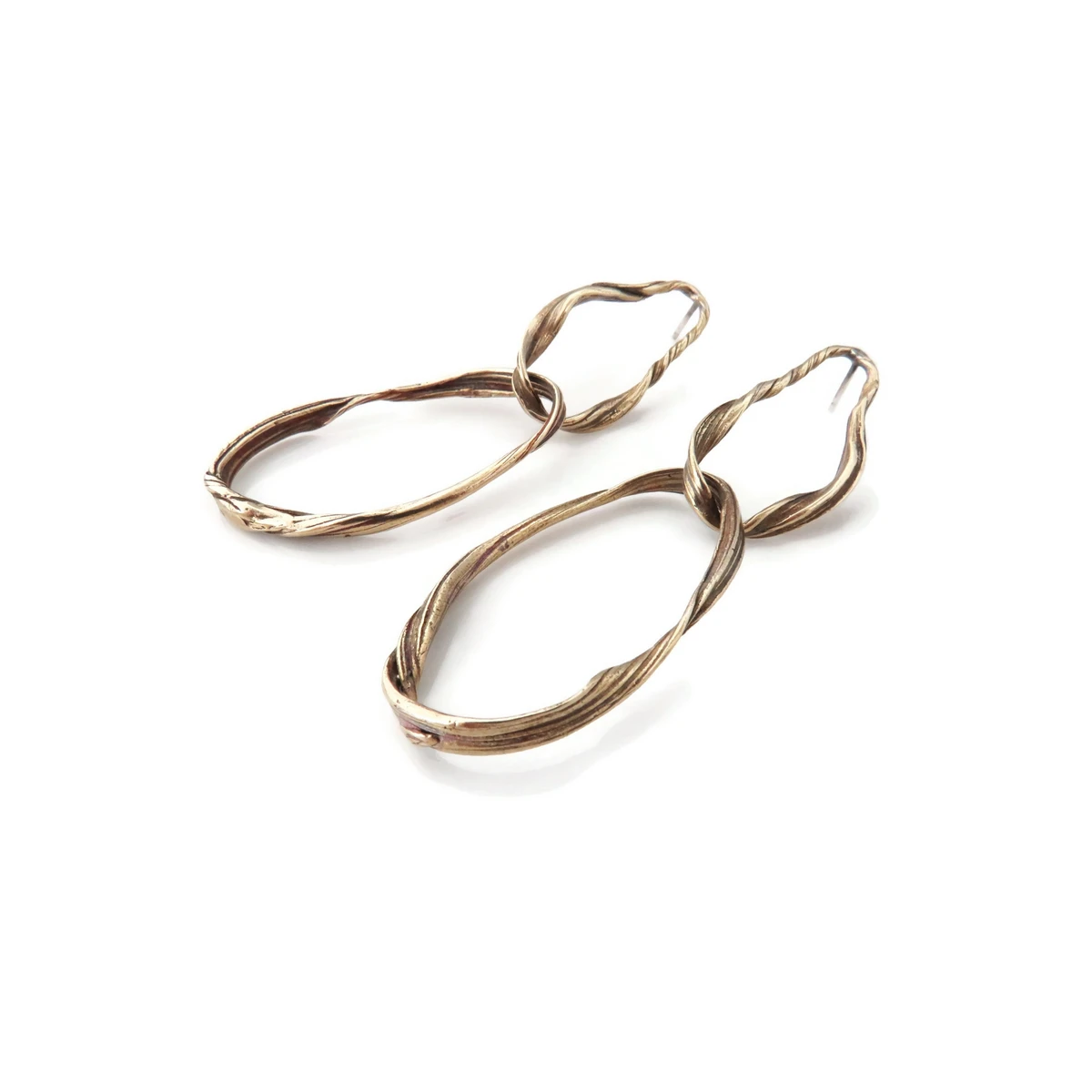 Lange patinierte Bronze -Ohrringe, Statement Schmuck