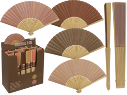 "Natural bamboo folding fans, round fan shape, brown and beige colors, decorative seasonal object"