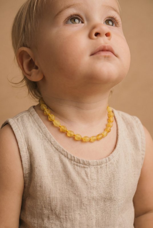 Baby/Kind – Bernsteinkette – Zitrone – ovale Rohsteine ​​– 33 cm