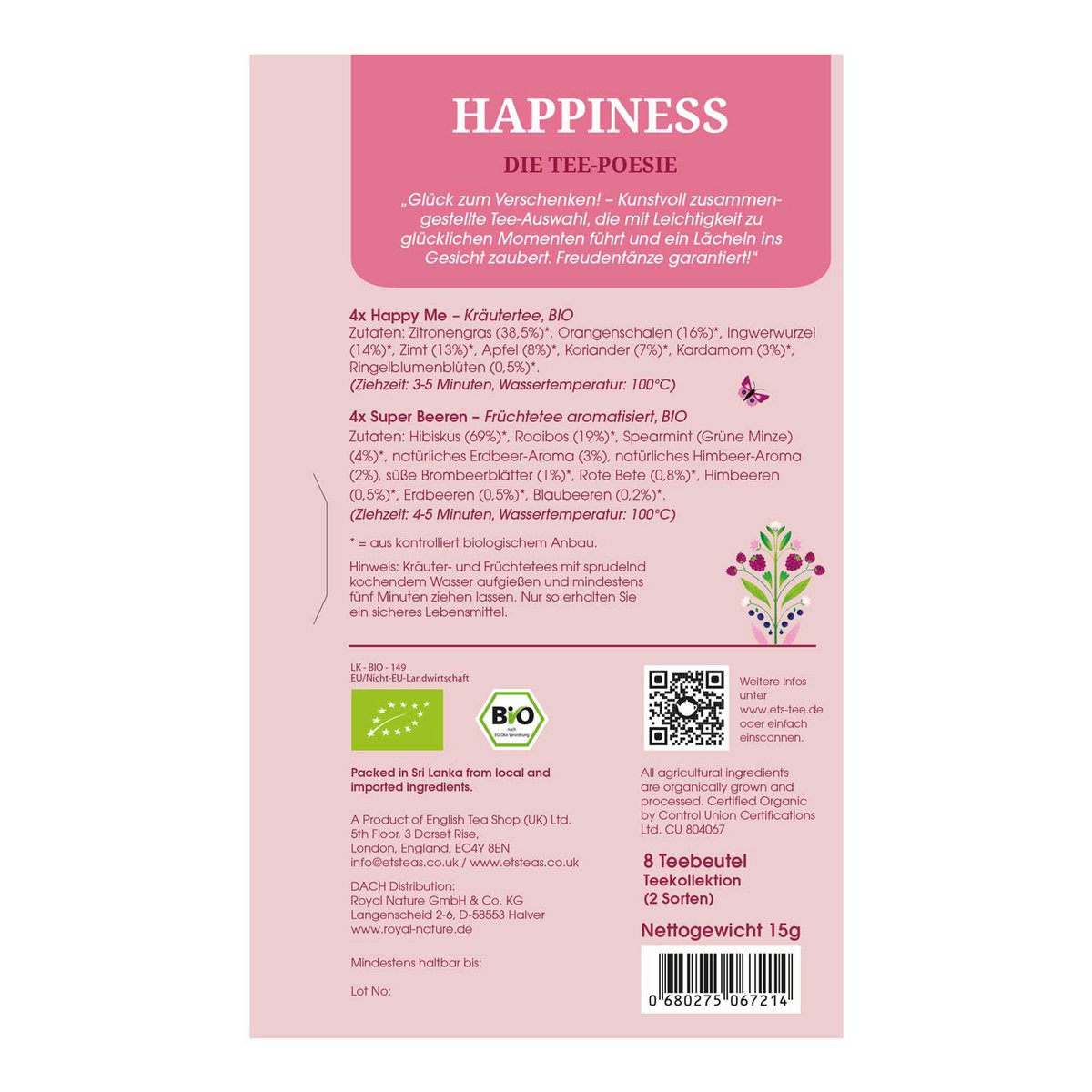 ETS - Tee Geschenk Tee-Poesie "Happiness", 8 Teebeutel, BIO