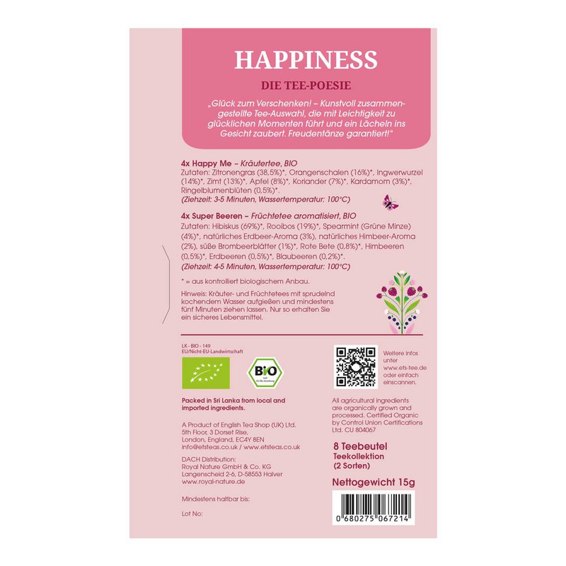 ETS - Tee Geschenk Tee-Poesie "Happiness", 8 Teebeutel, BIO