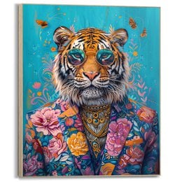 Vibrant floral tiger portrait in a framed panel. Colorful, artistic depiction of a tiger wearing a patterned jacket against a turquoise background.