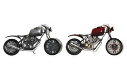 This iron table clock features a motorcycle-inspired design with a round clock face. The clock has a black and silver color scheme and measures approximately 44 x 13.5 x 23 cm.