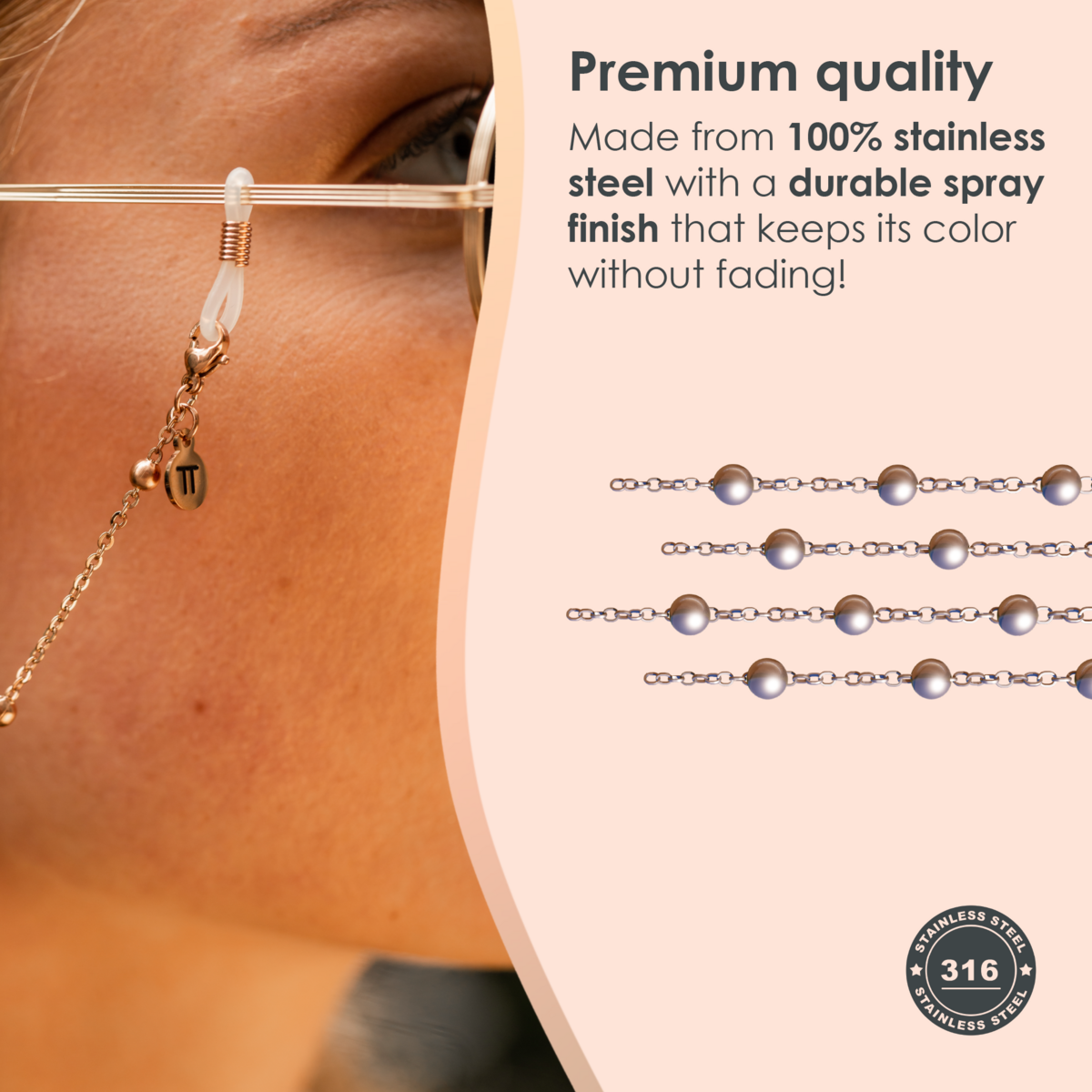 Glasses Cord Balls Rose Gold — 100% Stainless Steel & Unisex Eyewear Cords for Women and Men — Glasses Chain with Extra Loops — Brillenkoord Brillenband Brillenkette Cordon de Lunettes Cordón Para Gafas
