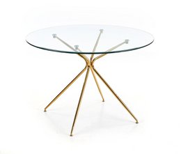 "Round transparent glass dining table with gold metal legs, modern minimalist style, seats 2-4 people"