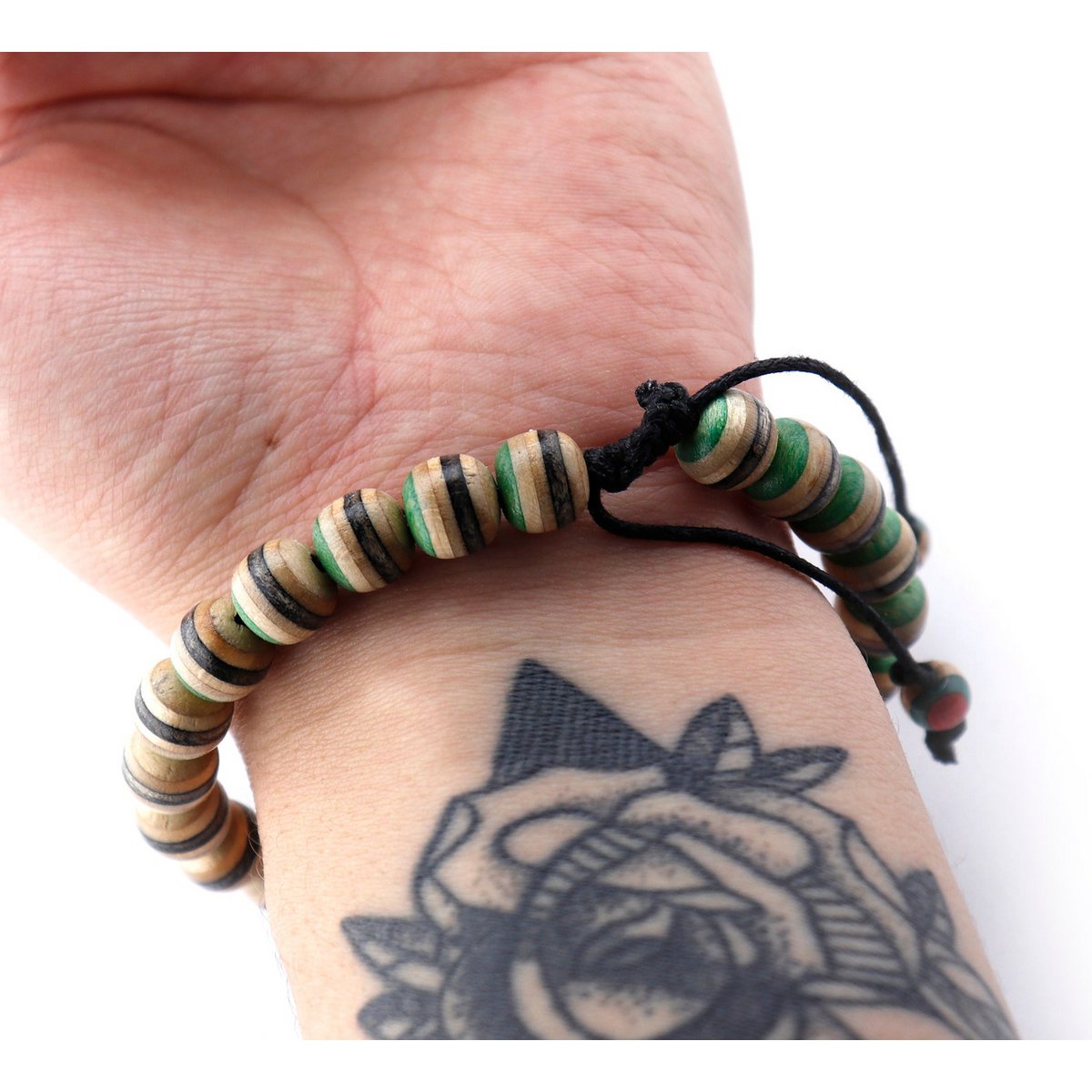 Recycled Skateboards Wood Bead Bracelet, Green, 8mm Beads, Unisex, Adjustable