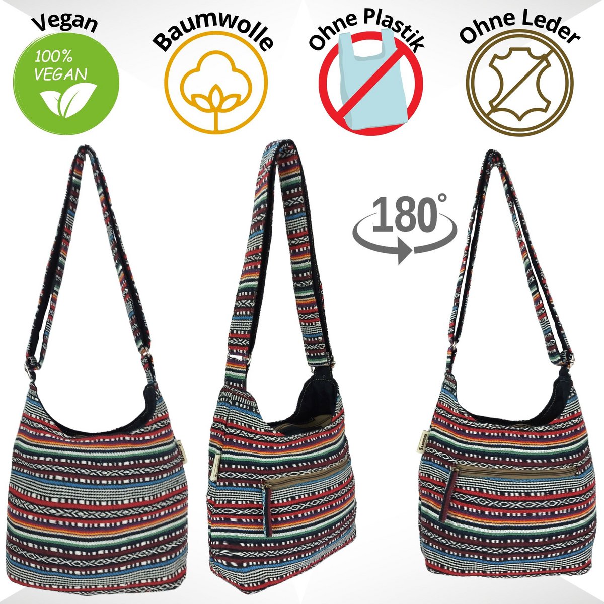 Sunsa hobo tas. Gestreepte geweven katoenen buideltas. Dames/meisjes schoudertas met verstelbaar hengsel. Lichtgewicht grote stoffen tas met ritssluiting.