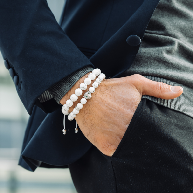 Men's WHITE HOWLITE Bracelet With Silver LEOPARD Head