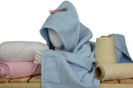  Extra-large baby bath towel in soft, absorbent fabric available in multiple colors.