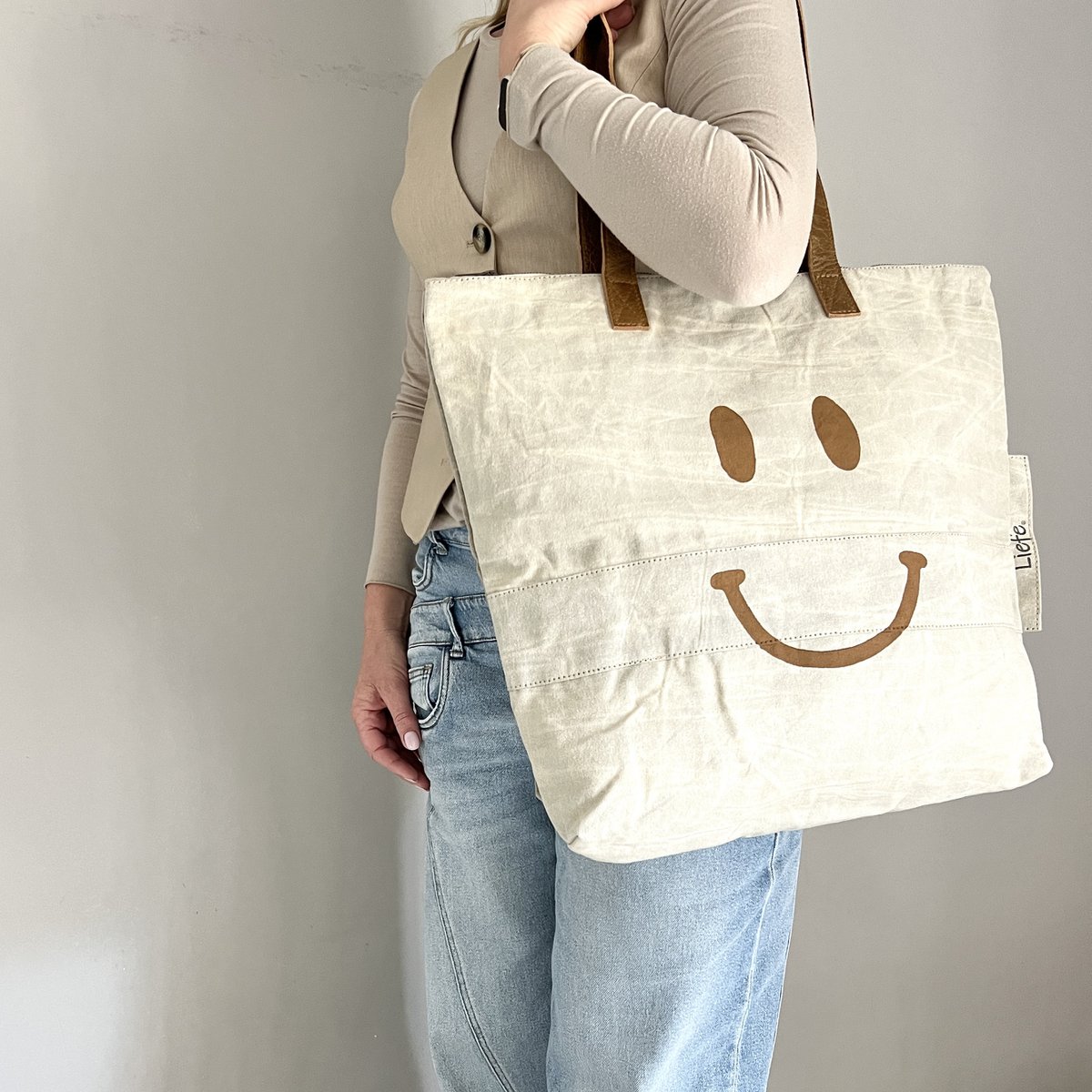ShopperBag happy face cinnamon (vintage light canvas) NEW