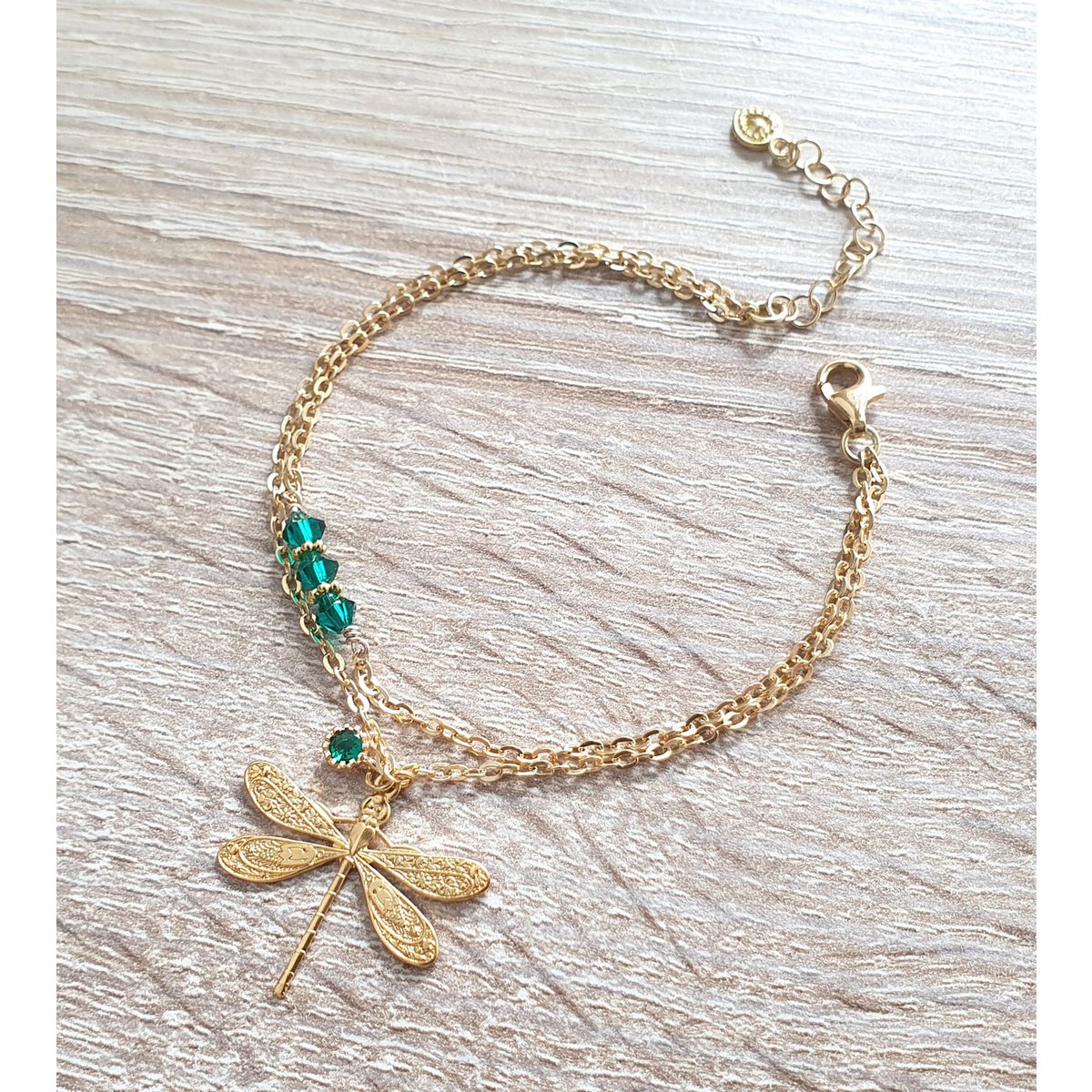 18K gold plated double chain dragonfly bracelet with Emerald crystals
