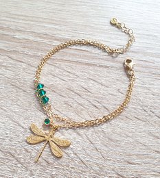 18K gold plated double chain dragonfly bracelet with Emerald crystals