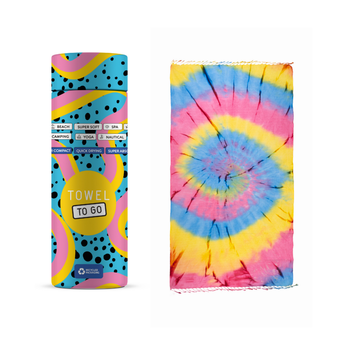 HANDDOEK TO GO TIE DYE Strandlaken 180x100 cm | Sneldrogende zwembadhanddoek | Blauw / Geel | met geschenkdoos