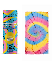 HANDDOEK TO GO TIE DYE Strandlaken 180x100 cm | Sneldrogende zwembadhanddoek | Blauw / Geel | met geschenkdoos